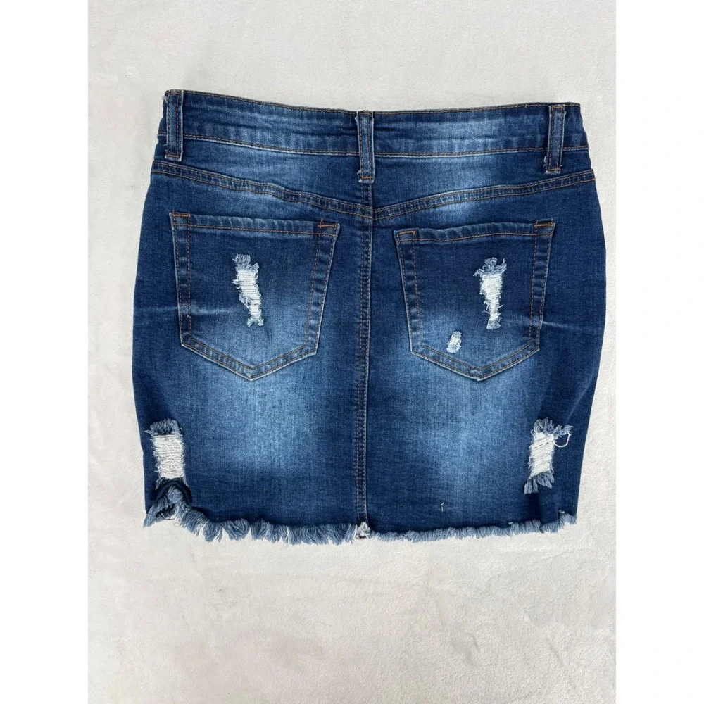 Wax Jean Denim Mini Skirt Womens Size M Dark Wash‎ Distressed Raw Hem